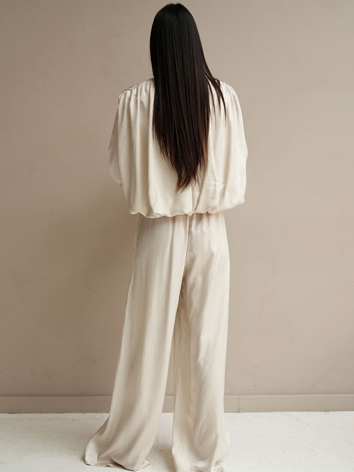 Satin Puff Sleeve Wide Leg Two-Piece Set