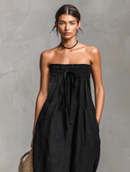 Abito lungo senza spalline in lino da donna - Tuta boho a gamba larga con coulisse in vita e tasche laterali
