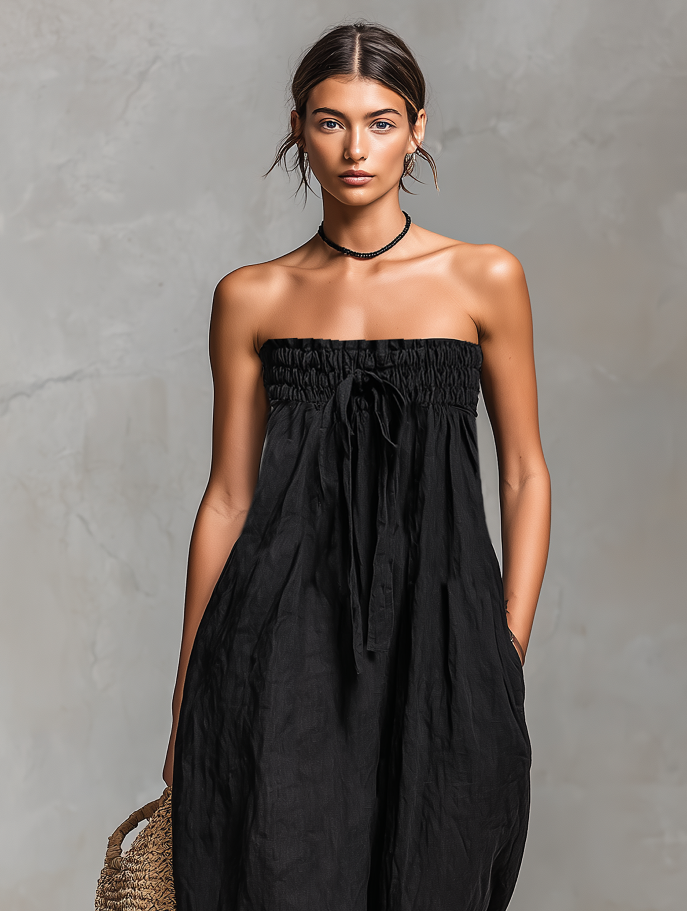 Linen Strapless Maxi Dress for Women - Boho Wide Leg Jumpsuit with Drawstring Waist and Side Pockets