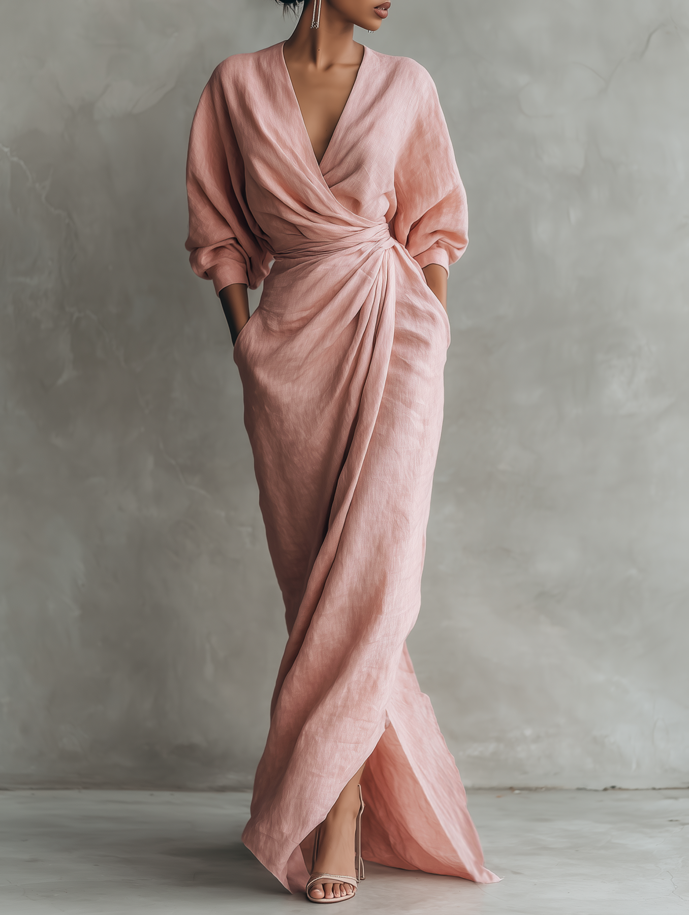 Linen Wrap Maxi Dress for Women Elegant V-Neck Long Sleeve Flowy Gown with Knot Waist and Side Pockets