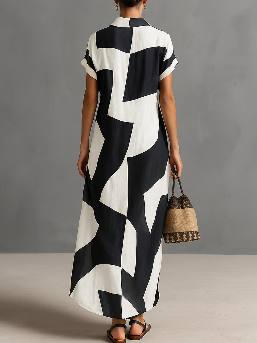 Linen Geometric Print Button-Down Maxi Dress with Side Slit for Women