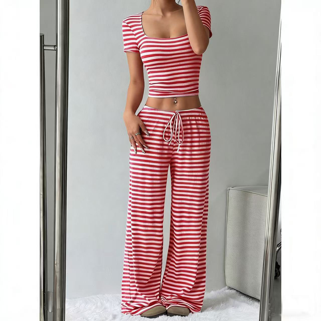 Striped Crop Top Wide Leg Pants Set