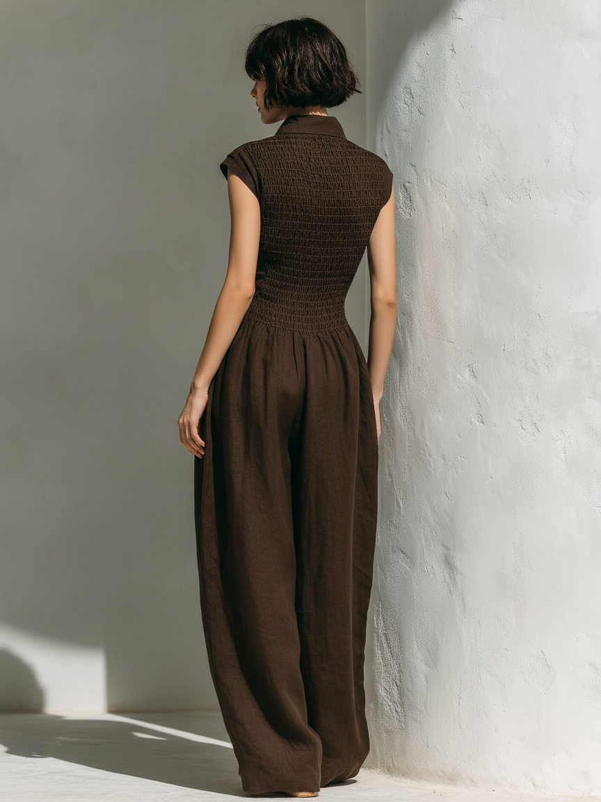 Linen Deep V Neck Wide Leg Jumpsuit