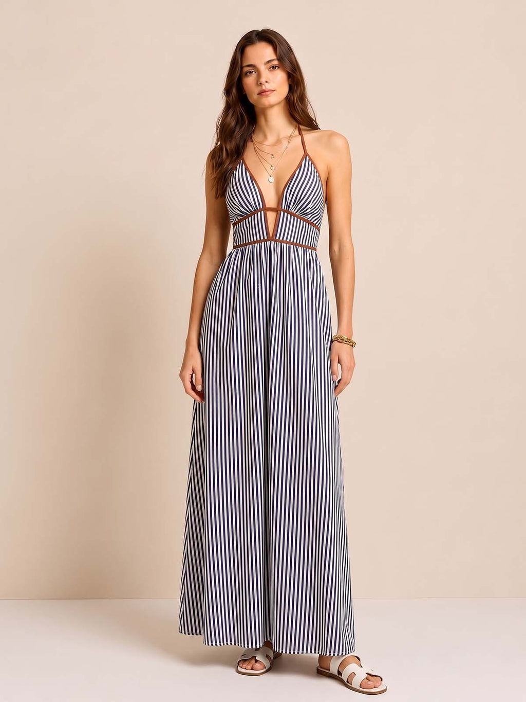 Striped Cutout Halter Maxi Dress