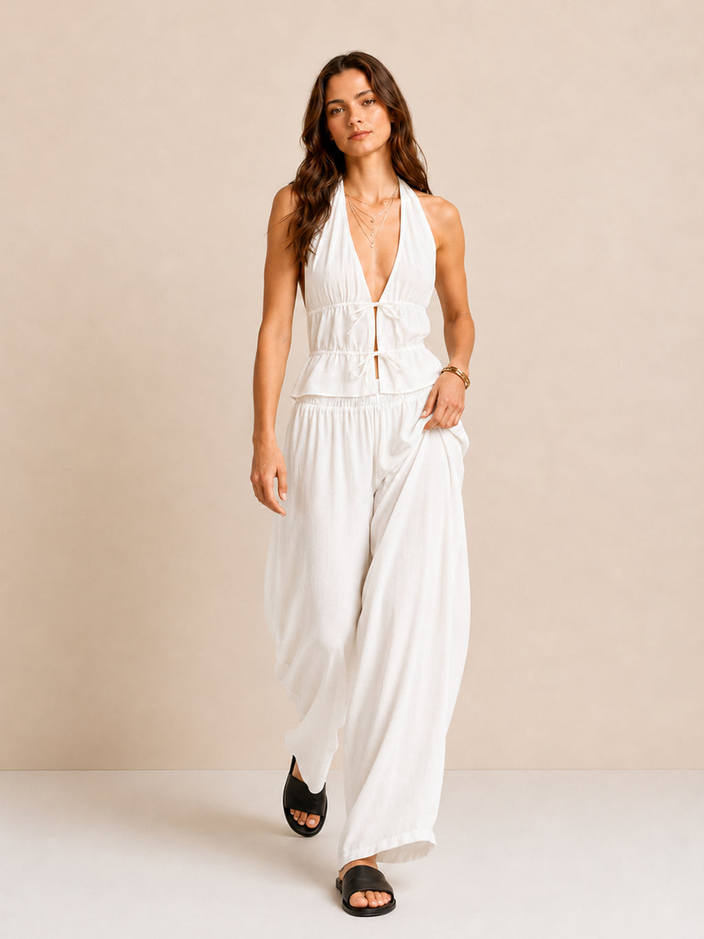 Rayon Halter Top & Wide-Leg Pants Set – Effortless Summer Co-Ord