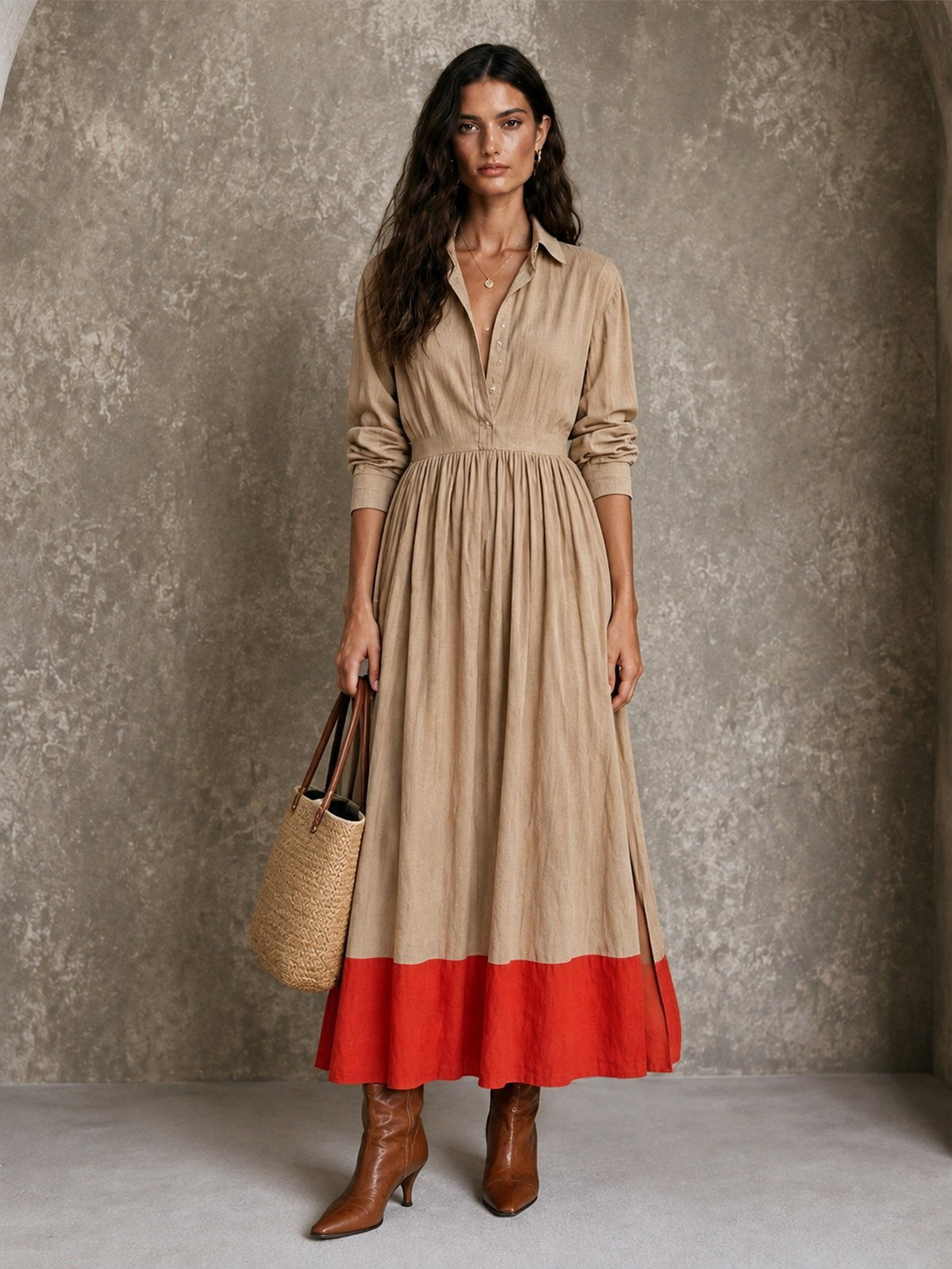 Contrast-Hem Maxi Shirt Dress