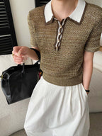Contrast-Collar Pointelle Knit Polo