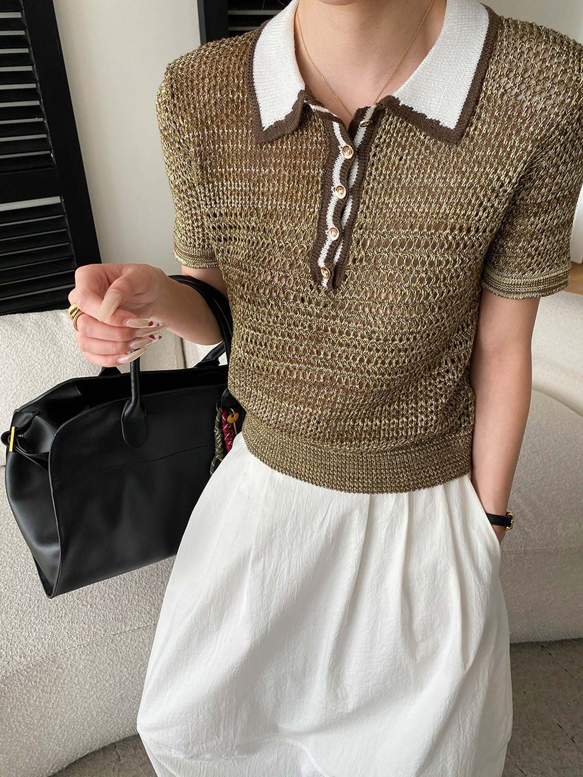 Contrast-Collar Pointelle Knit Polo