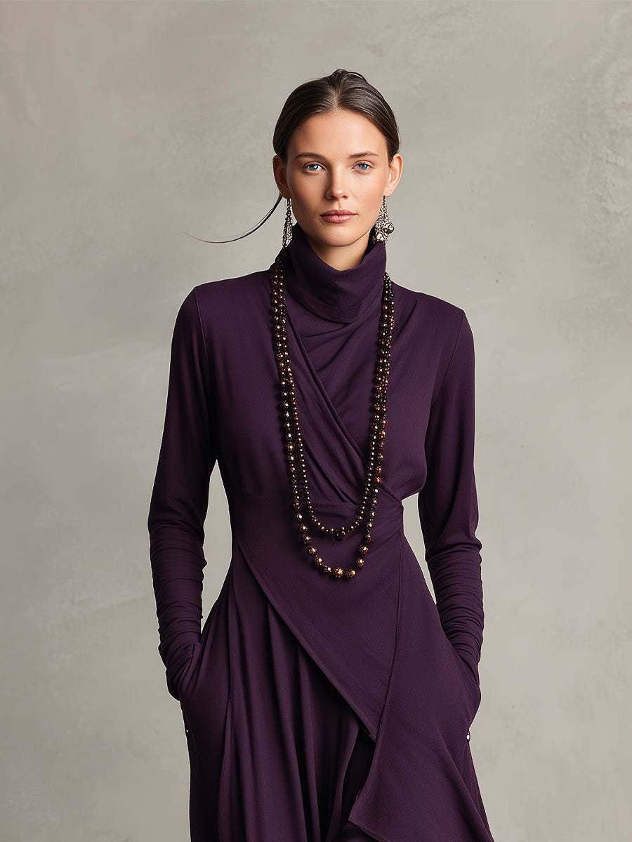 Asymmetric Draped Turtleneck Midi Dress