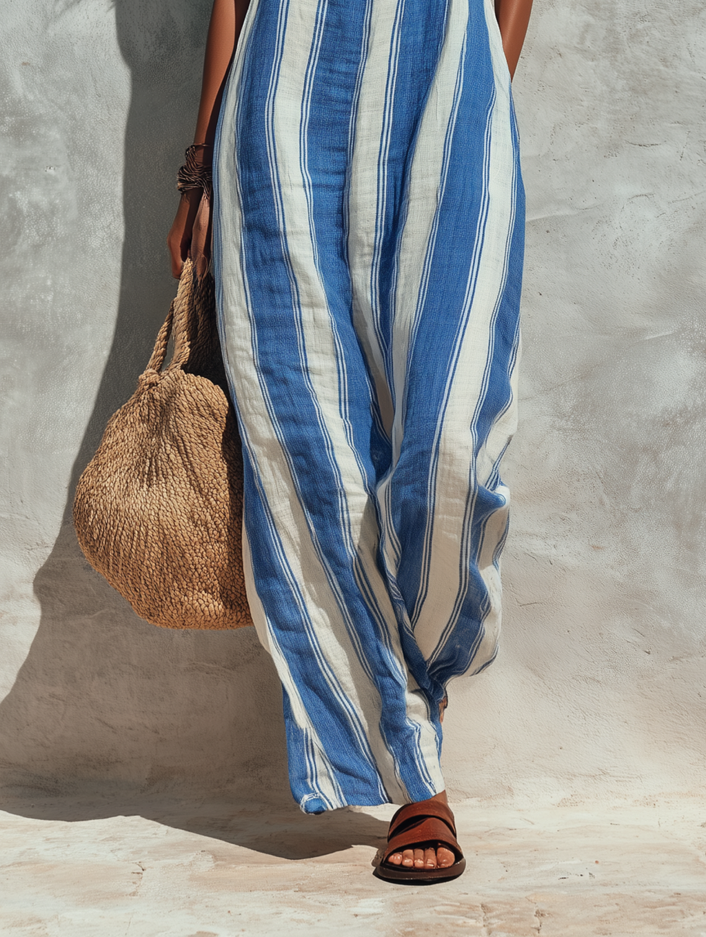 Linen Striped Maxi Dress for Women Summer Boho Beach Vacation Outfit Long Sleeveless Loose Flowy Casual Dress
