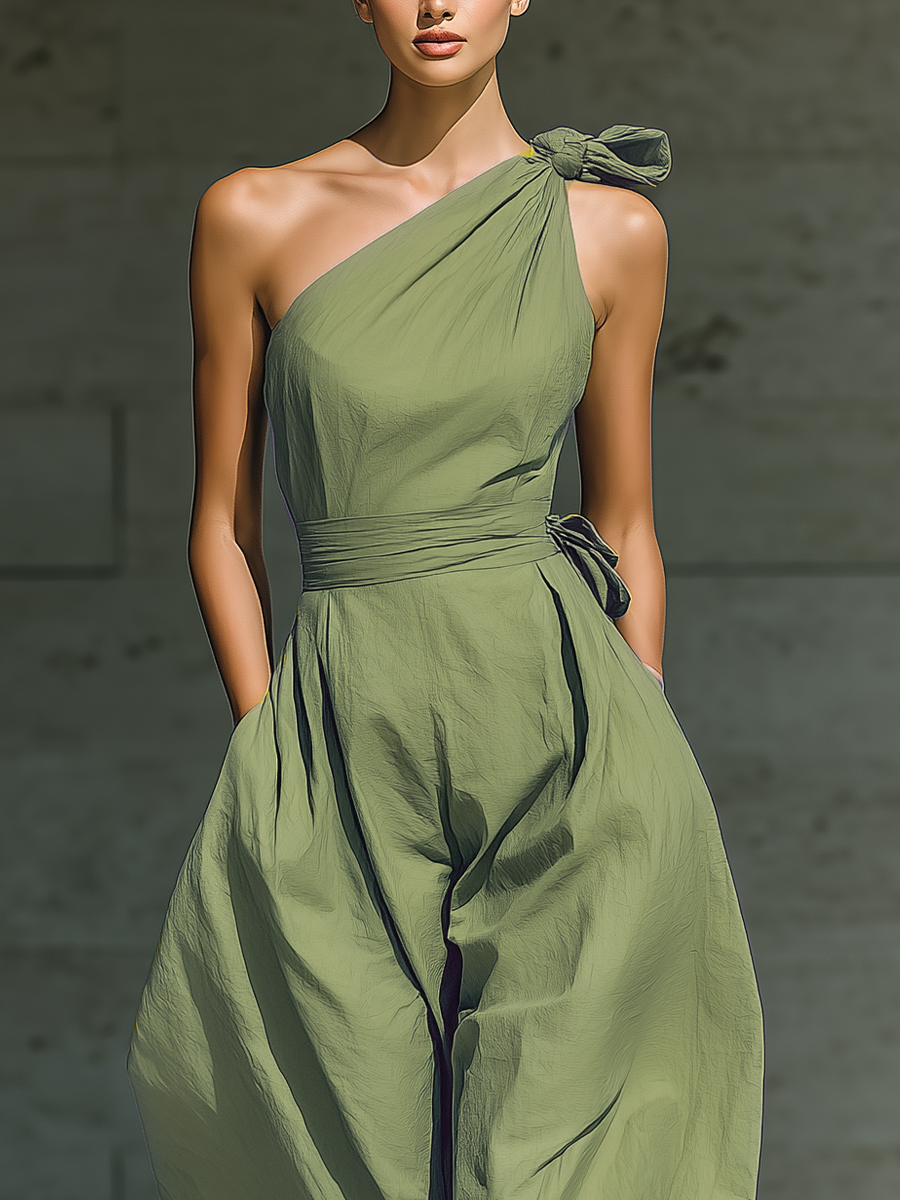 Organic Cotton One-Shoulder Flowy Maxi Dress with Tie Detail for Women