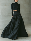 Black Cotton Blend High Waist Pleated Maxi Skirt with Crop Top Set