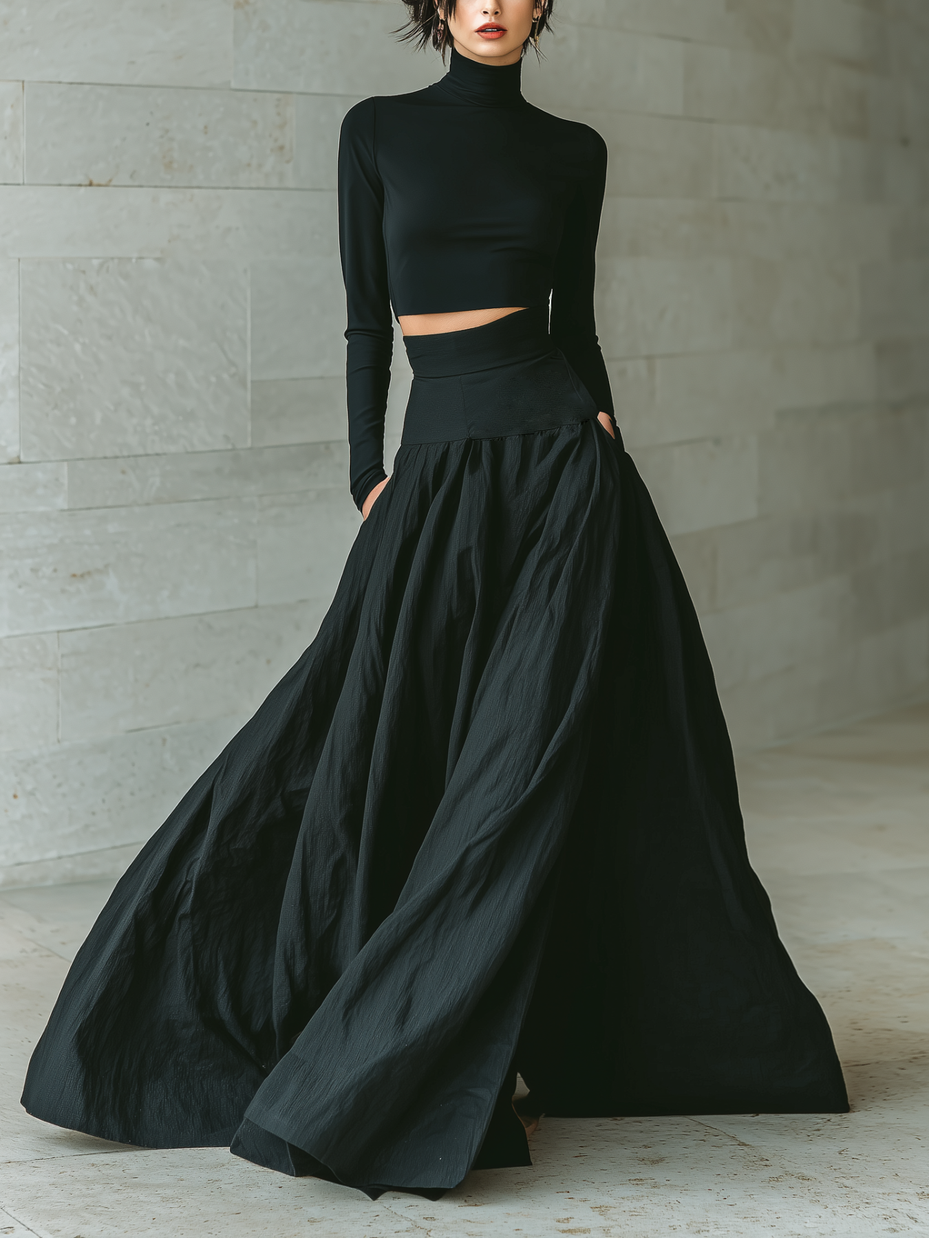 Black Cotton Blend High Waist Pleated Maxi Skirt with Crop Top Set