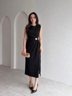 Metal Buckle Fitted Midi Dress