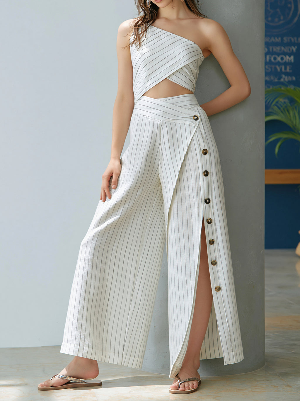 Cotton Linen Blend High Waist Wide Leg Pants with Side Button Detail Long Trousers for Women