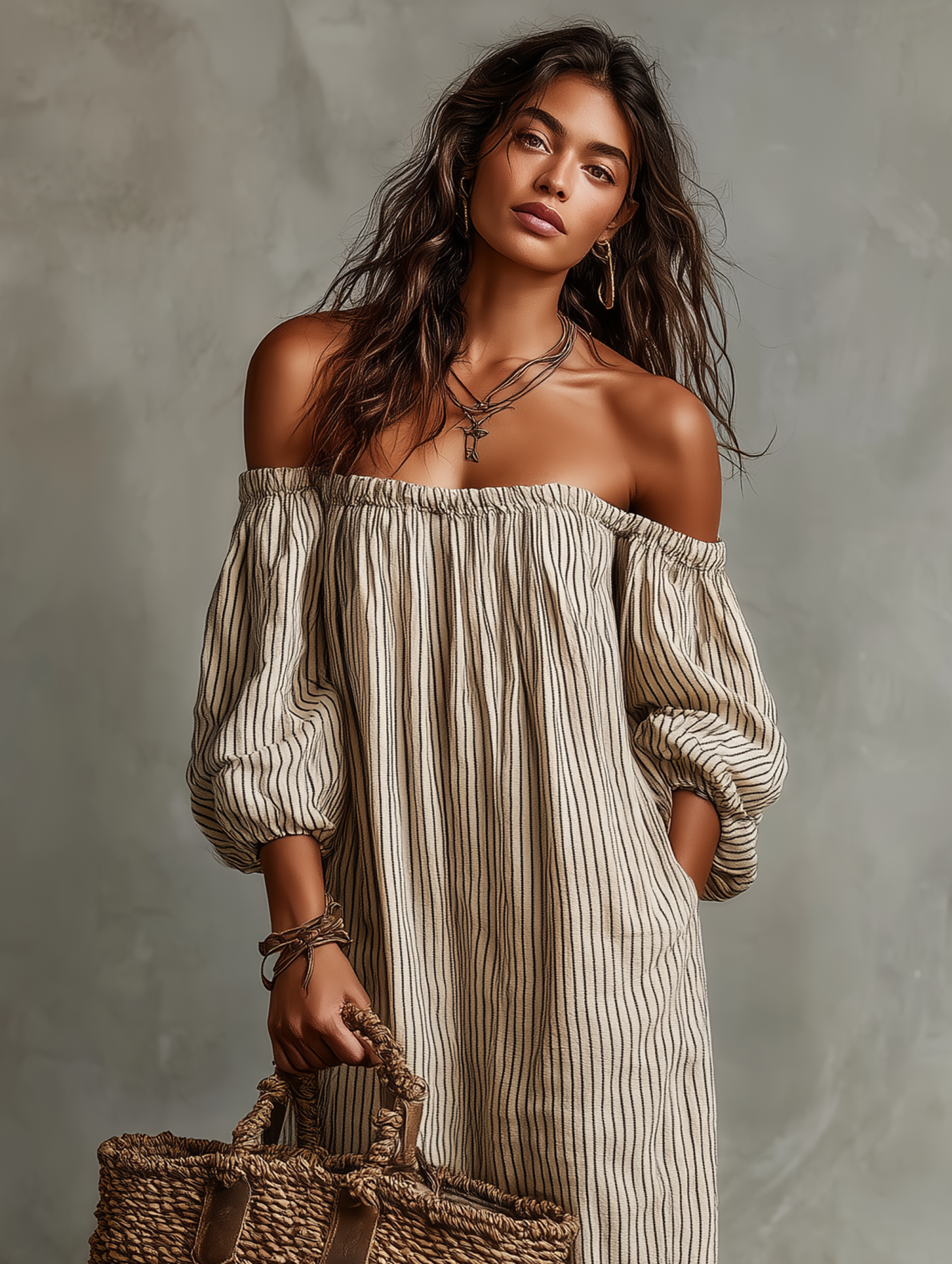 Linen Striped Off-Shoulder Maxi Dress with Puff Sleeves and Wide Leg Design