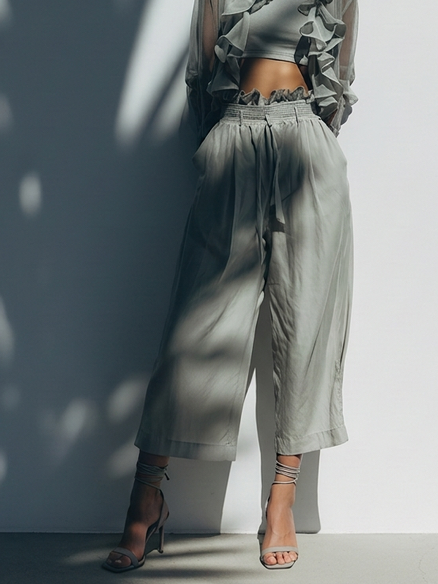 Sheer Ruffle Overlay Crop Top & Wide Leg Trousers Set in Light Grey Silk Blend