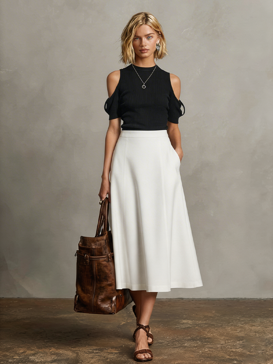 Cotton Blend Cold Shoulder Sleeveless Top with Ribbed Knit and High Neckline for Women