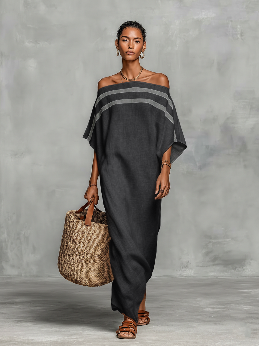 Striped Detail Linen Off-Shoulder Maxi Dress