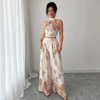 Neckholder-Crop-Top mit Blättermuster und Hose mit weitem Bein im Set
