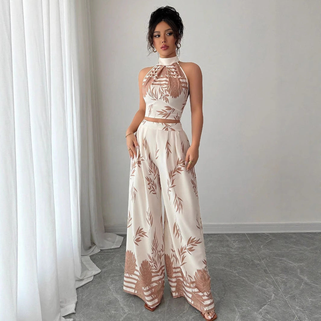 Leaf Print Halter Neck Crop Top & Wide-Leg Pants Set