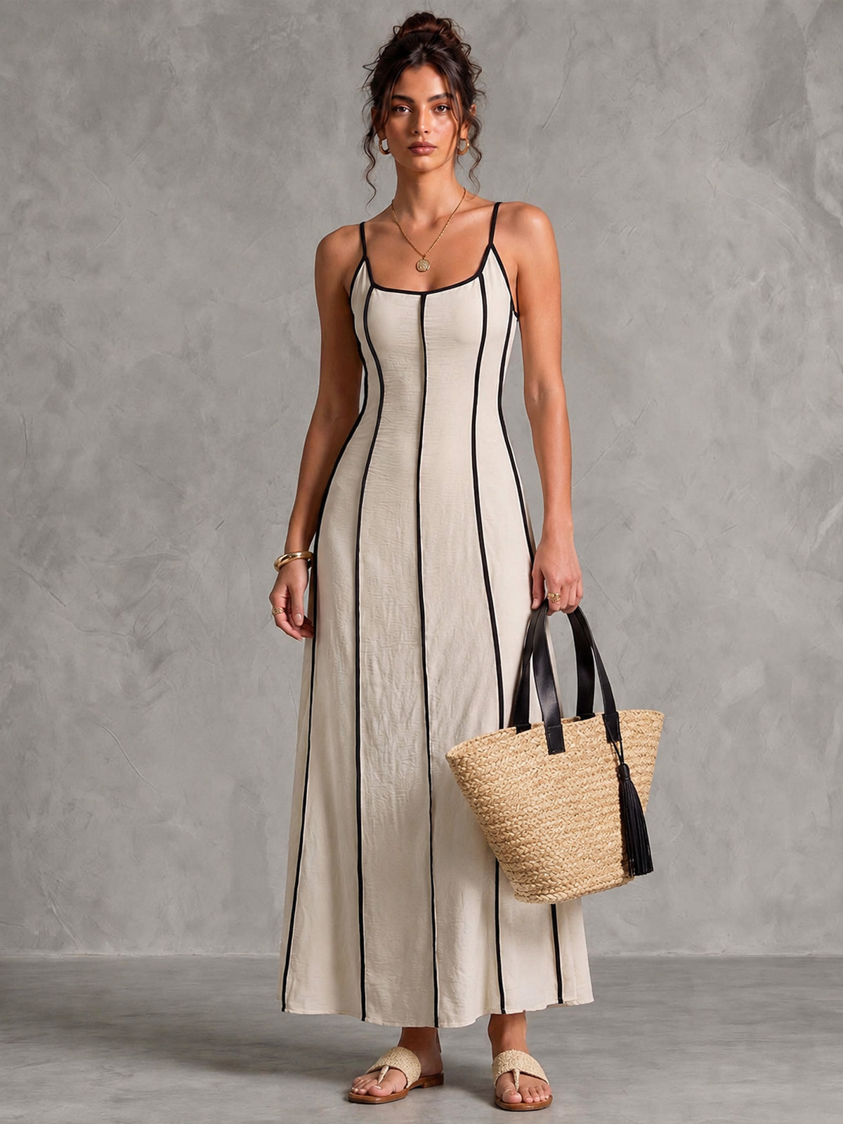 Contrast Trim Tie Back Maxi Dress