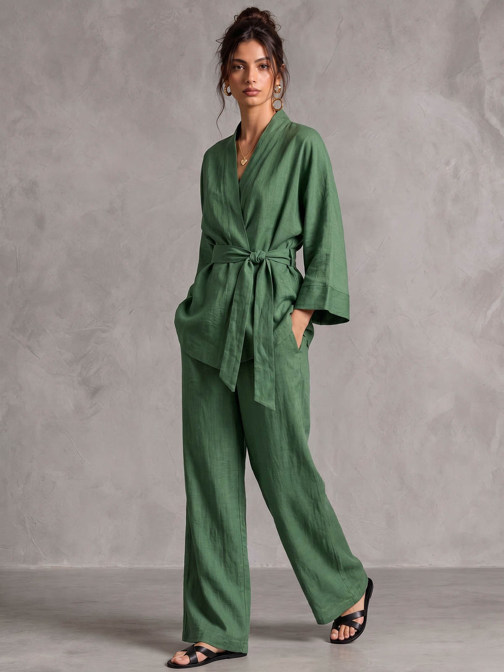Green Linen Wrap Top & Wide-Leg Pants Set
