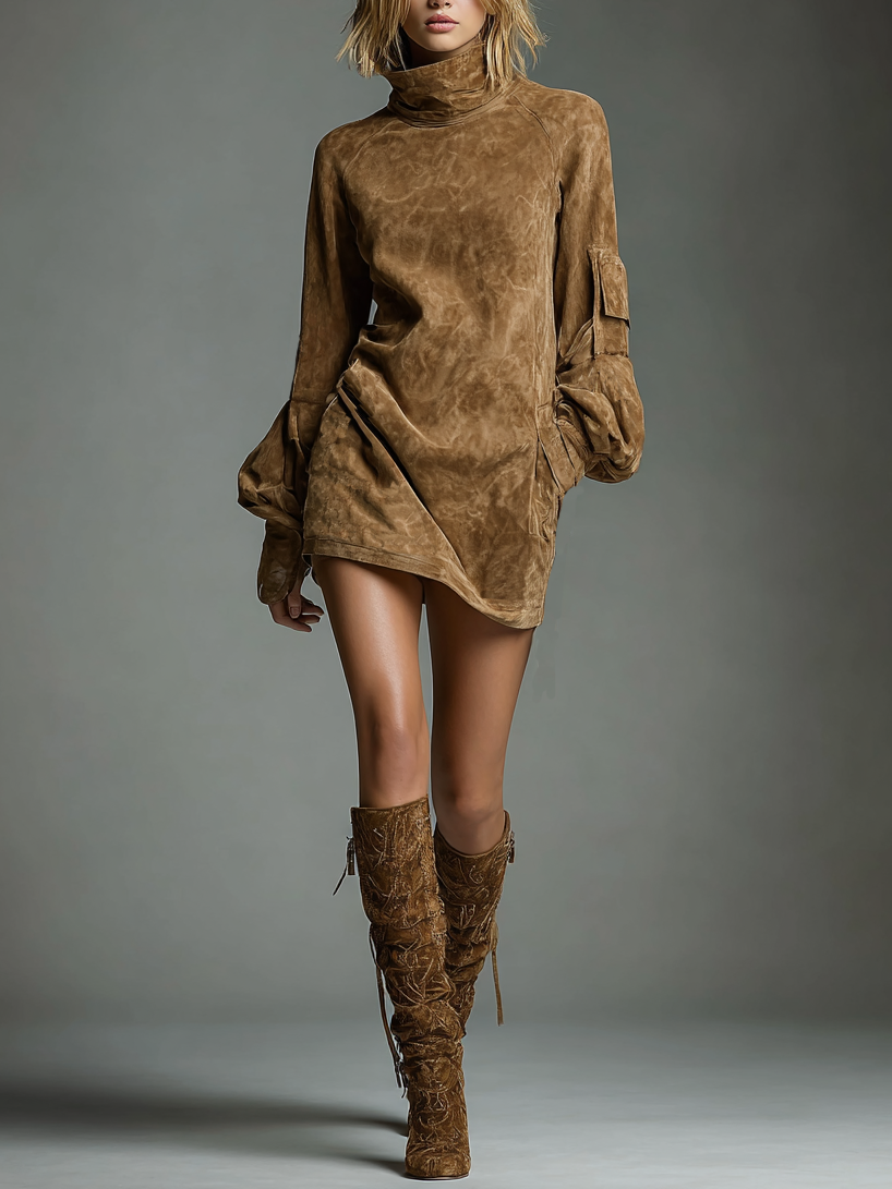 Suede Turtleneck Mini Dress with Puff Sleeves and Side Pockets