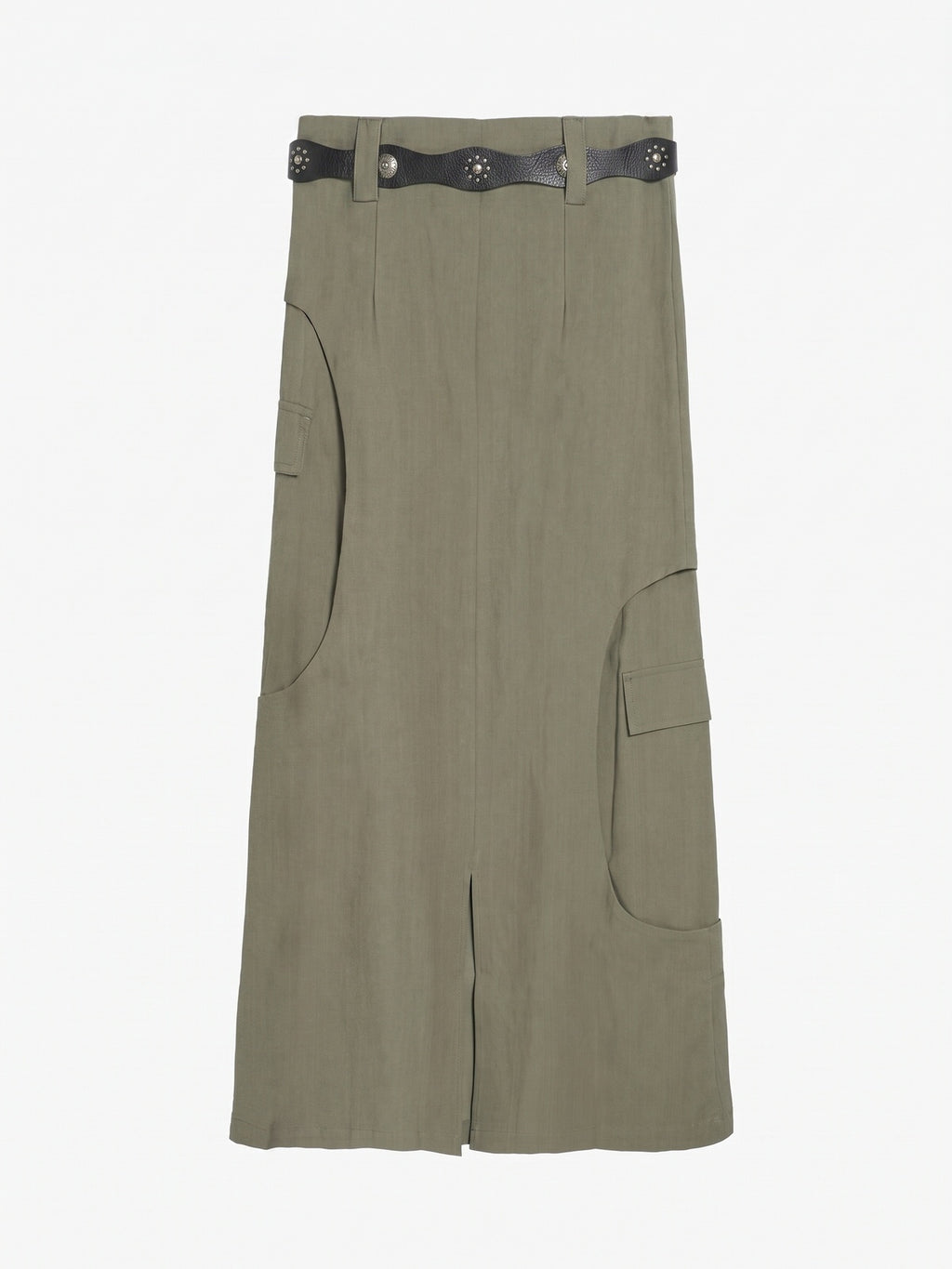 Curved-Seam Cargo Midi Skirt With Studded Belt