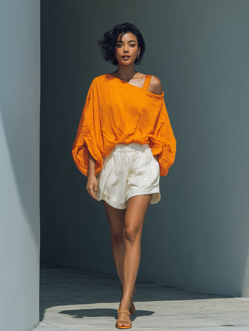 Cotton Blend Asymmetrical Off-Shoulder Top with Flowy Sleeve for Women