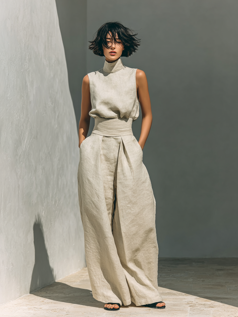 Linen Sleeveless High Neck Top with Wide Leg Pants Set for Women Modern Minimalist Outfit