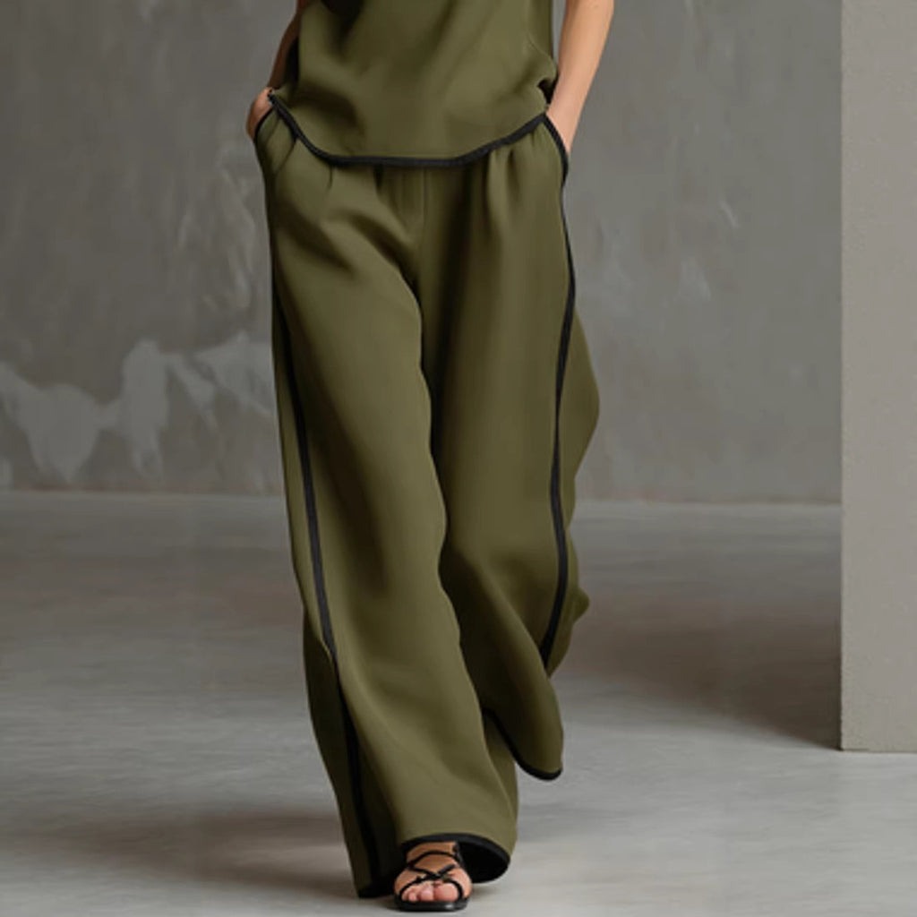 Contrast Trim Linen Sleeveless Top & Wide-Leg Pants Set