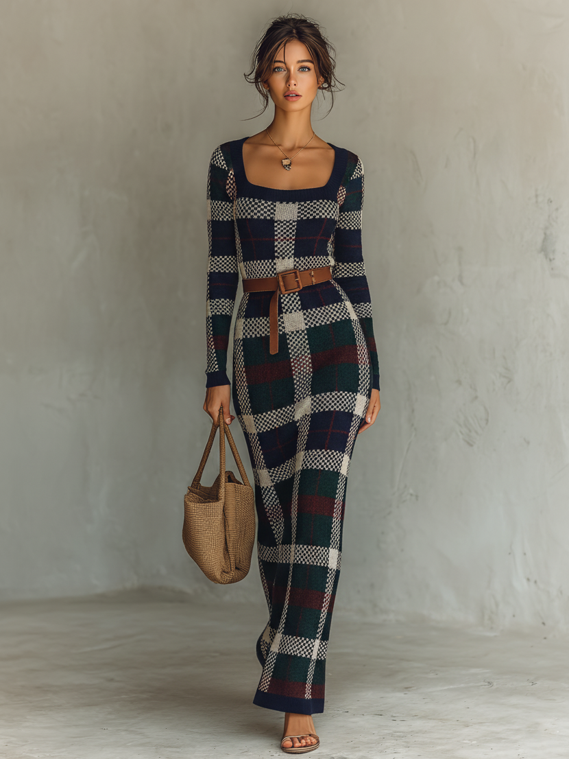 Knitted Plaid Long Sleeve Jumpsuit with Square Neck and Belted Waist for Women