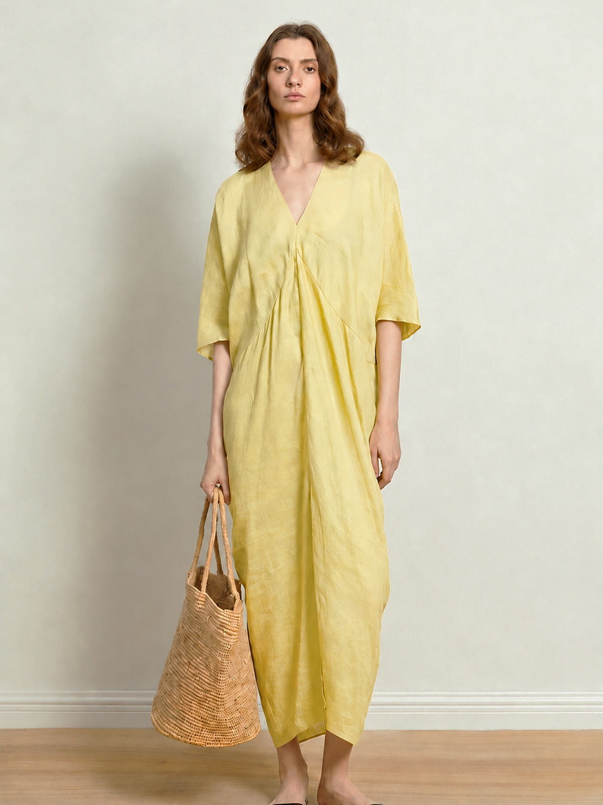 Linen V Neck Midi Dress