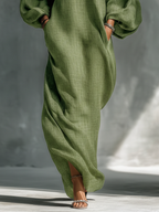 Leinen Cold Shoulder Maxikleid für Damen Boho Langarm Fließendes Sommerkleid Elegantes Oversize Locker Sitzendes Strandurlaubskleid