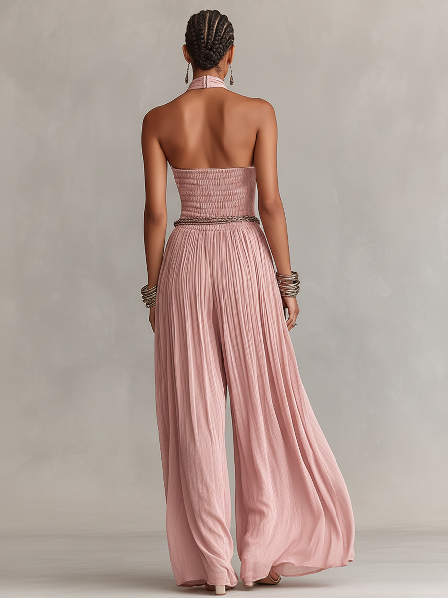 Chiffon Halter Maxi Jumpsuit with Pleated Design and Chain Belt for Women