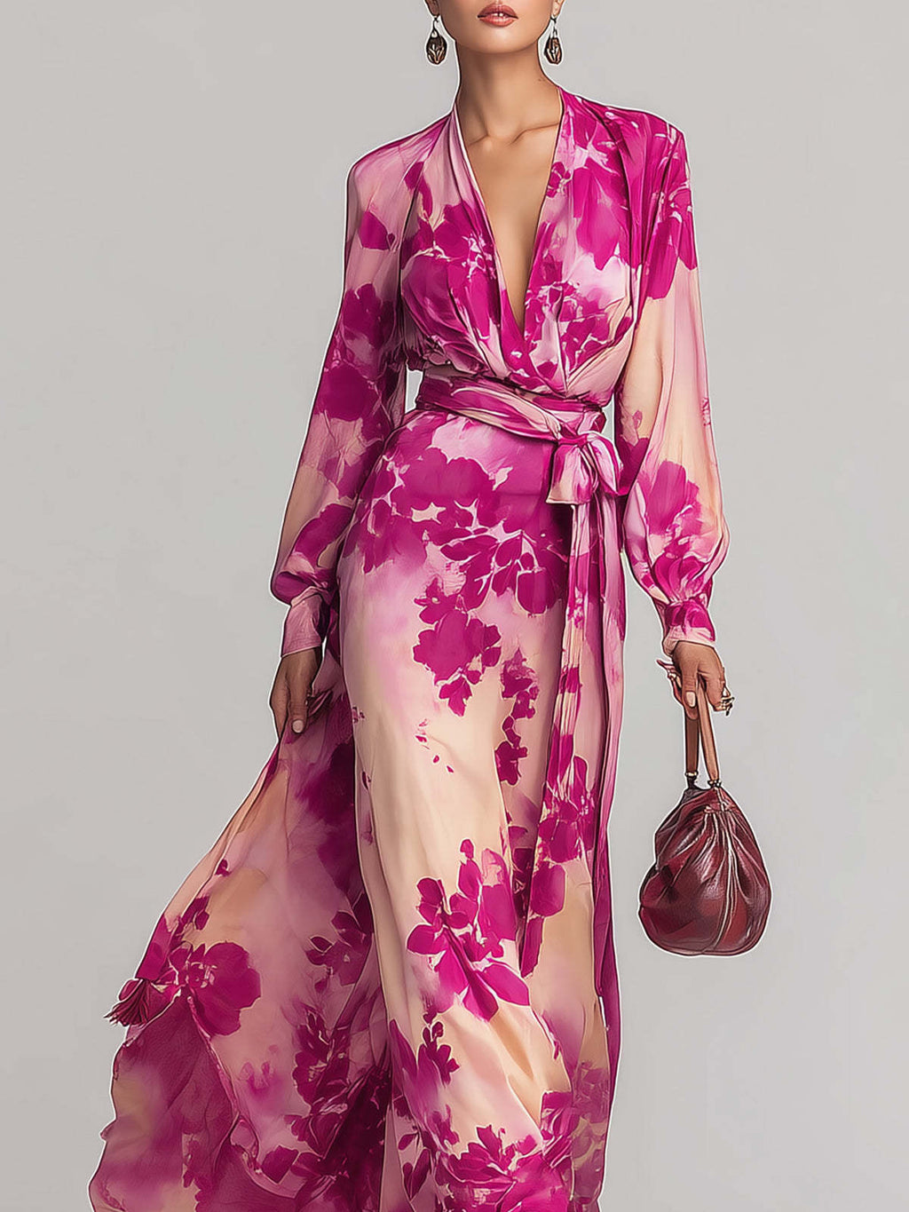 Romantic Rose-red Floral V-neck Long Dress With Tie Waist