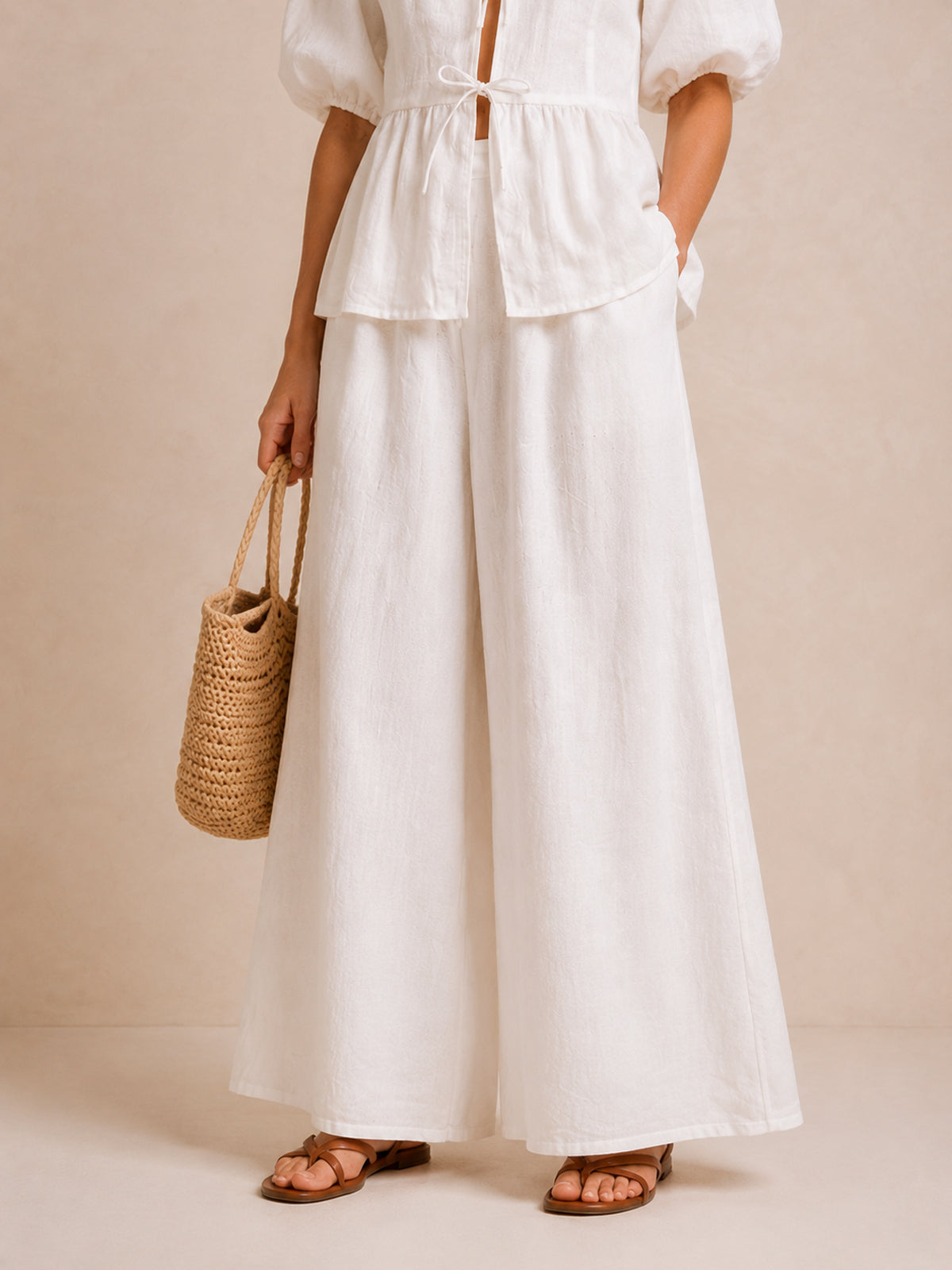 Puff Sleeve Tie Front Pants Set