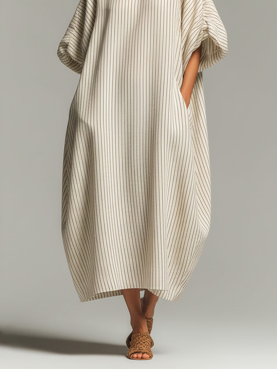 Cotton Linen Striped Loose Fit Maxi Dress with Wide Sleeves and Side Pockets