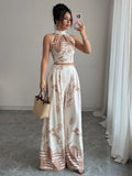 Leaf Print Halter Neck Crop Top & Wide-Leg Pants Set