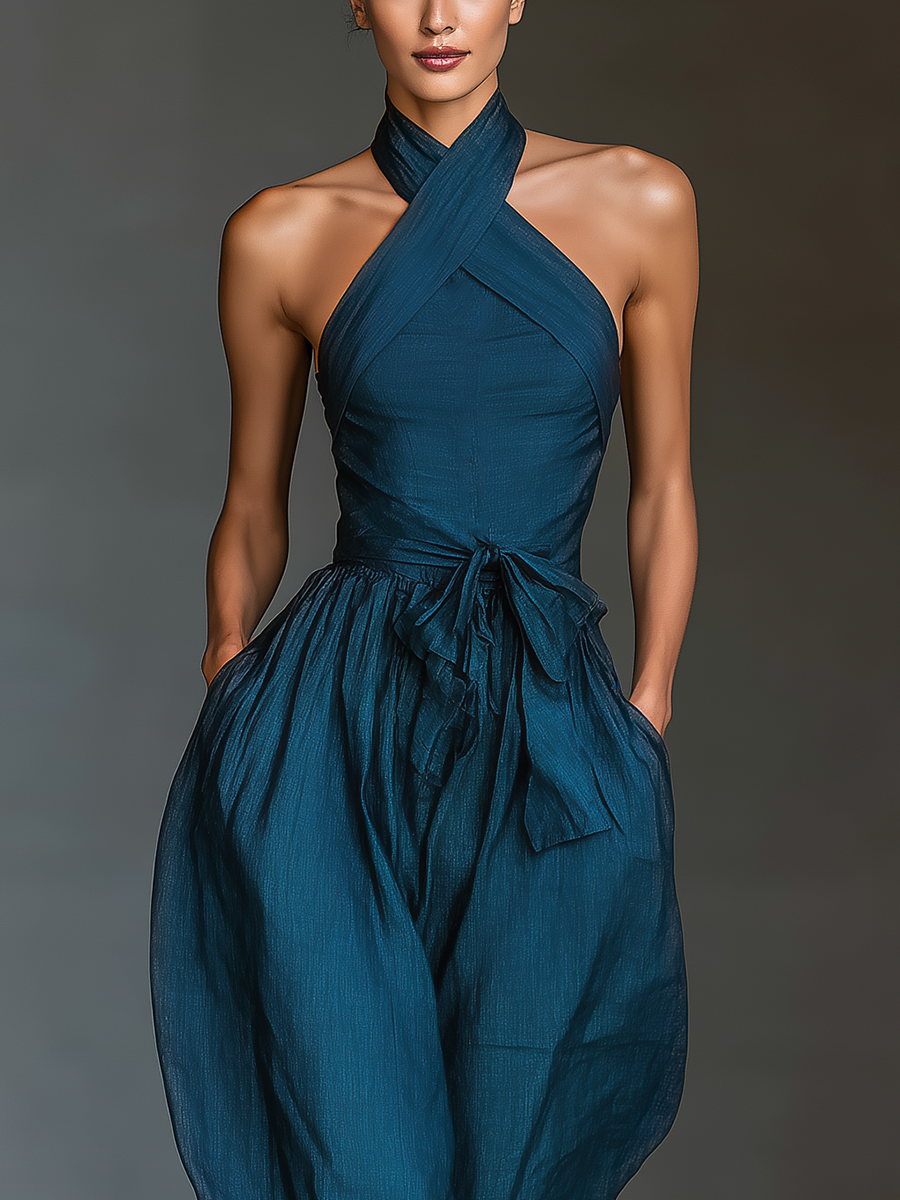 Halter Wrap Tie Waist Wide Leg Jumpsuit
