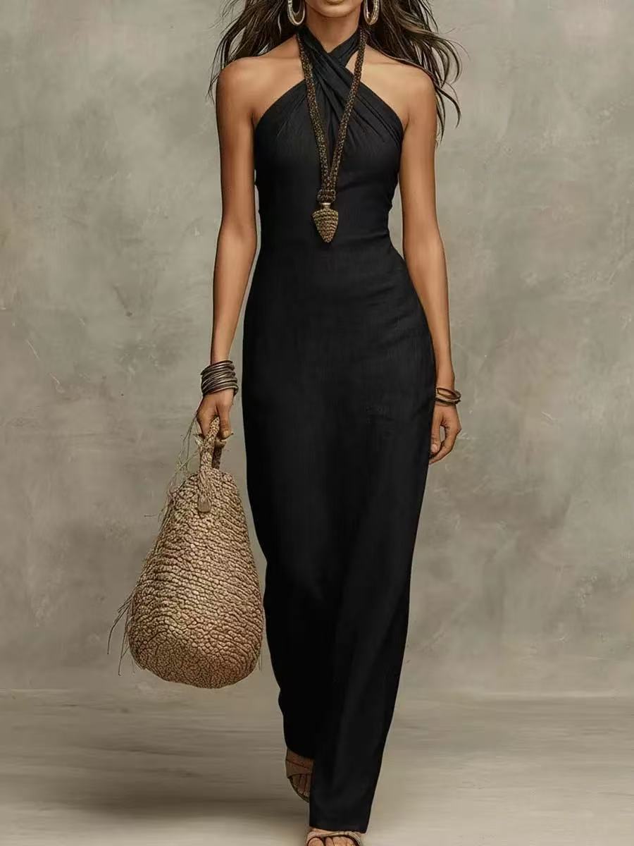 Cross Halter Neck Fitted Maxi Dress