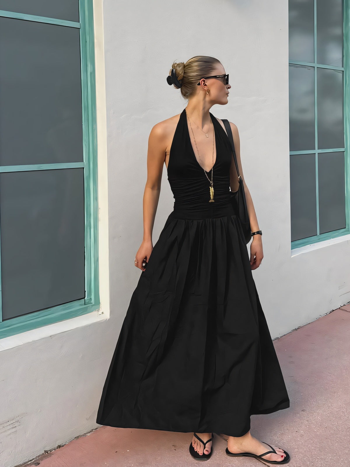 Ruched Halter-Neck Full-Skirt Maxi Dress