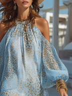 Romantisches, langärmeliges, schulterfreies Mini-Chiffonkleid mit Leopardenmuster in Blau