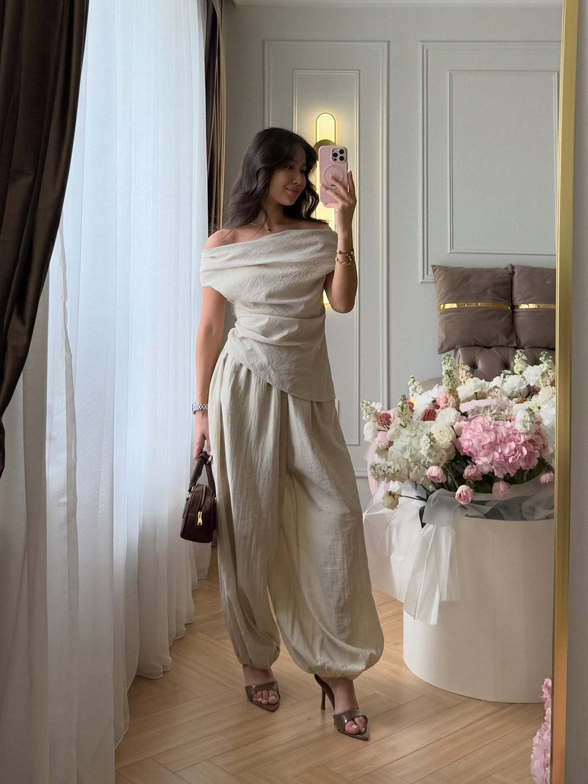 Off Shoulder Crinkled Linen Blend Top