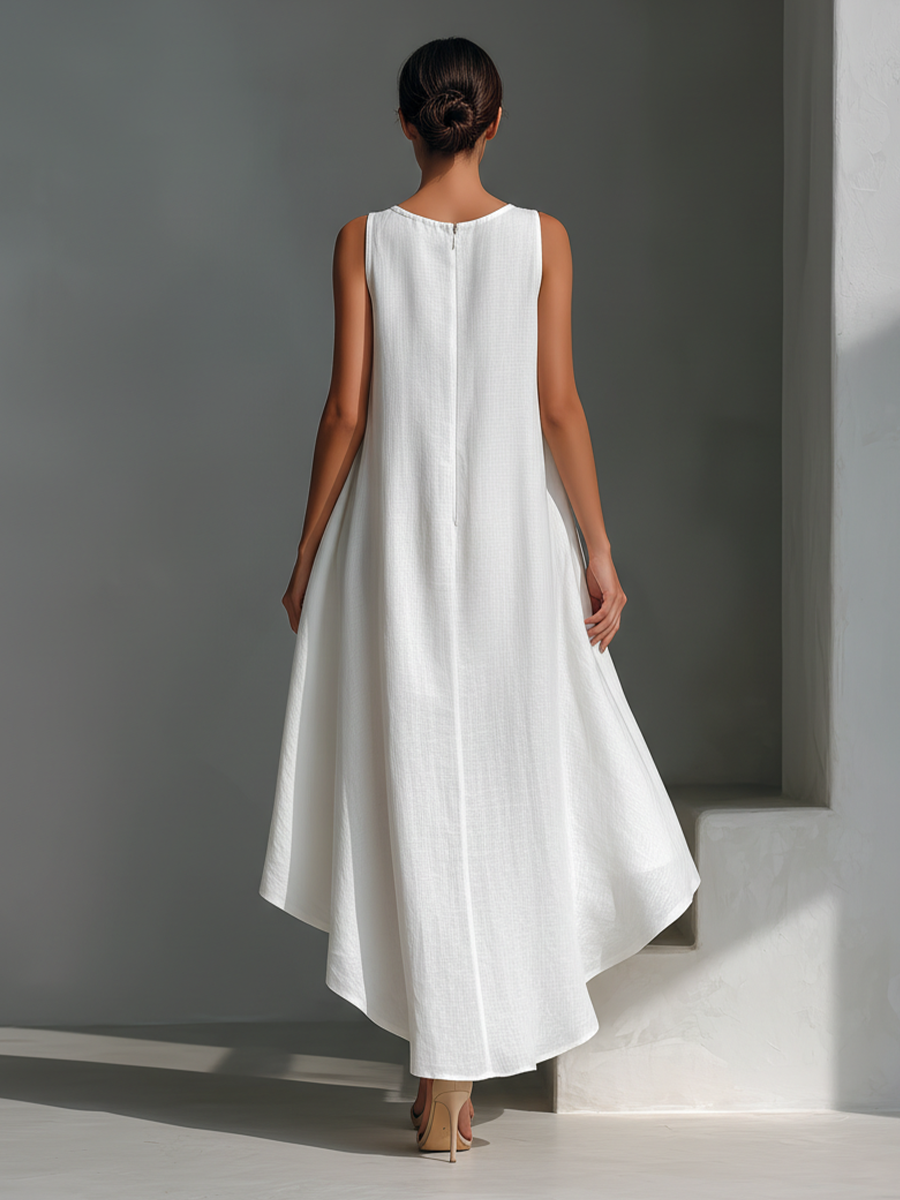 Linen Sleeveless High Low Dress Women Summer Casual Loose Fit Asymmetric Hem Maxi Dress
