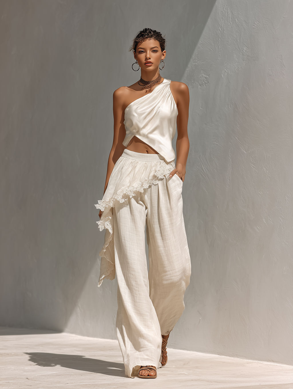 Linen One Shoulder Crop Top & Wide Leg Pants Set with Lace Trim