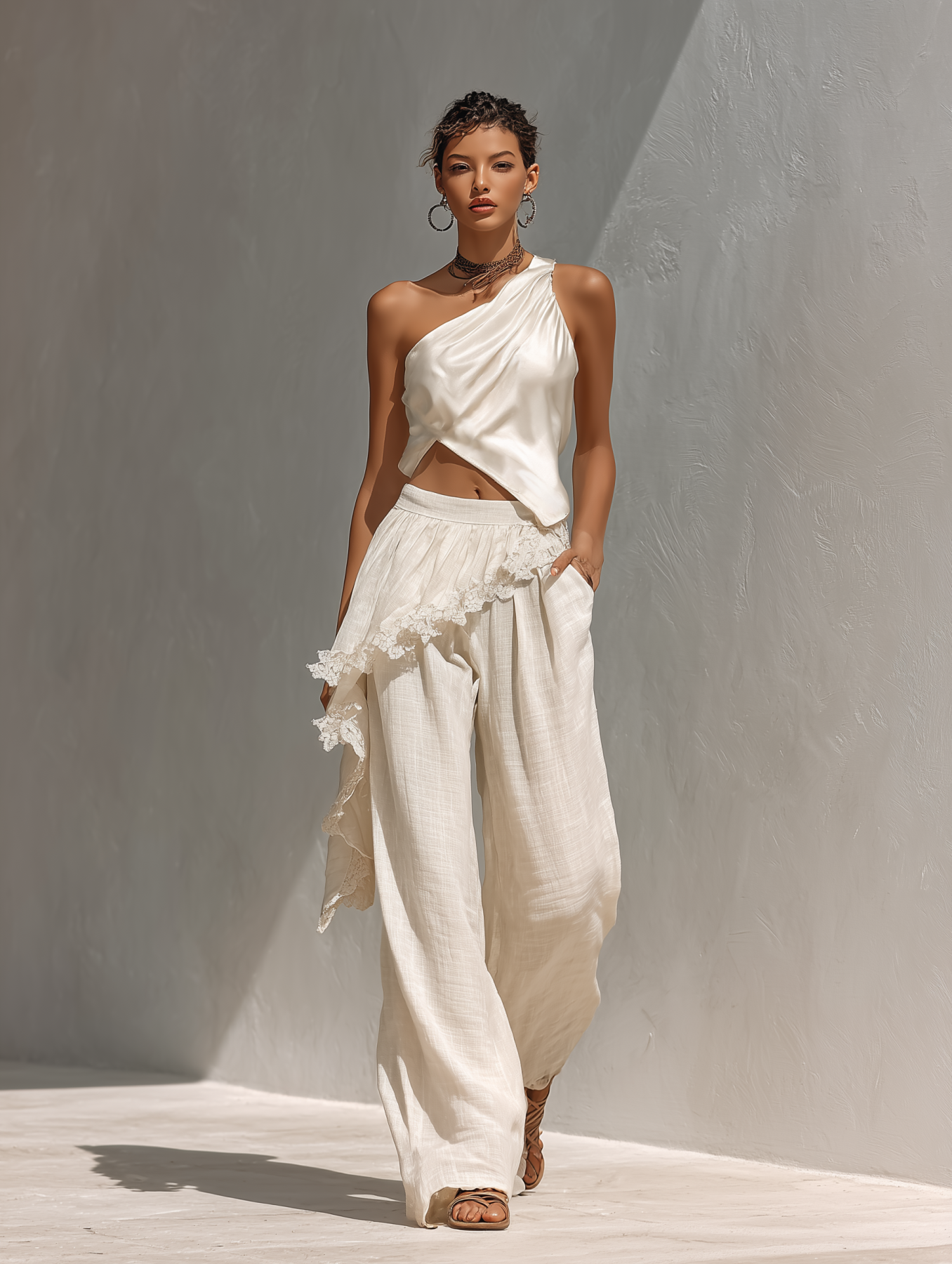 Linen One Shoulder Crop Top & Wide Leg Pants Set with Lace Trim