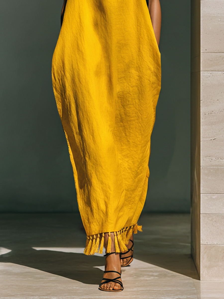 Linen Maxi Dress with Tassel Hem and Square Neckline