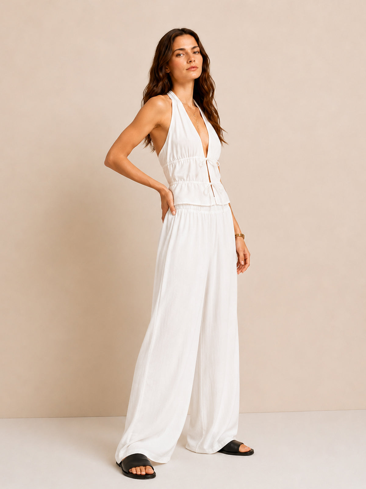Rayon Halter Top & Wide-Leg Pants Set – Effortless Summer Co-Ord